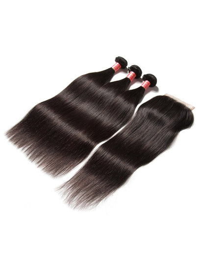 Sunber Hair Indian Virgin Hair Silky Straight Hair 3 Bundles With 4x4 Lace Closure, 8A Human Hair Weaves