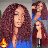 BOGO Sunber Jerry Curly 99J Red Burgundy Lace Closure Wig 180% Density Lace Front Human Hair Wigs