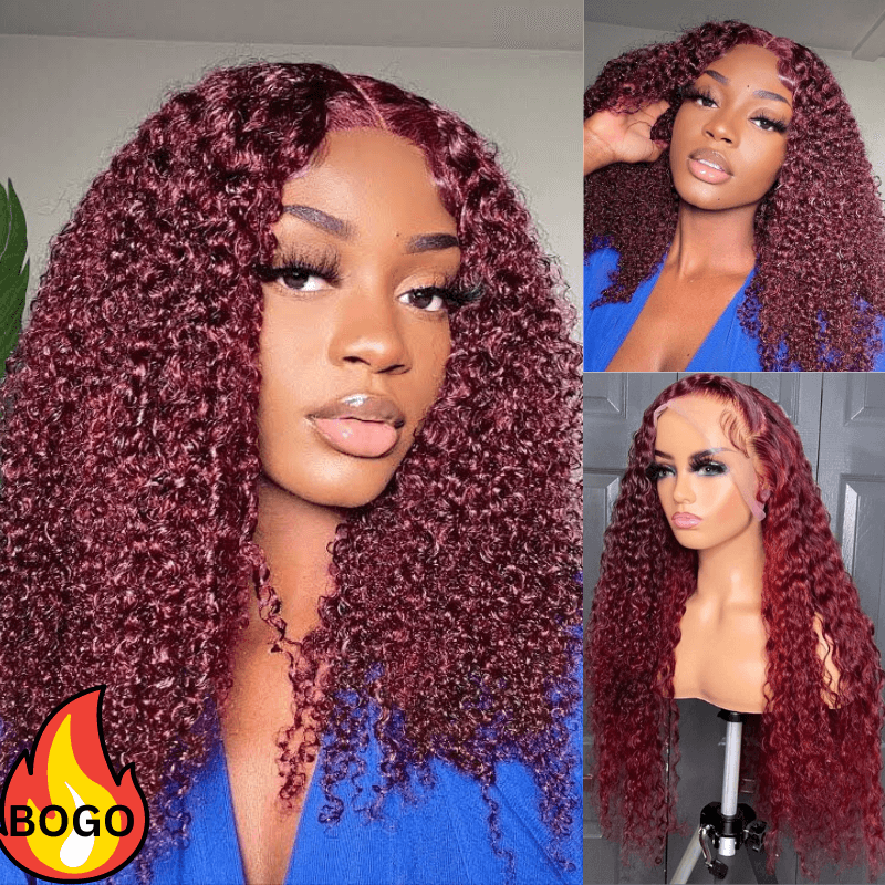 BOGO Sunber Jerry Curly 99J Red Burgundy Lace Closure Wig 180% Density Lace Front Human Hair Wigs