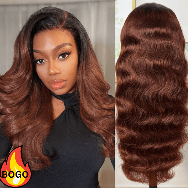 BOGO Sunber Reddish Brown Dark Roots V Part Wig Body Wave Glueless Wigs