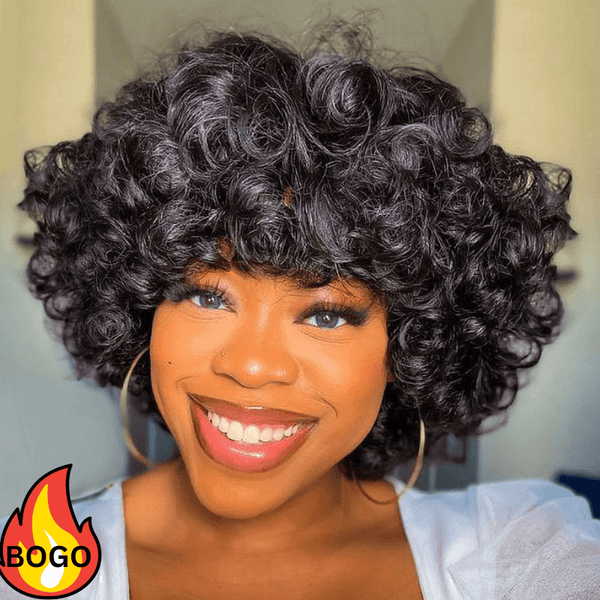 BOGO Sunber Bouncy Rose Curl Short Bob Wig With Bangs Natural Black Human Hair Glueless Easy To Wear Wigs