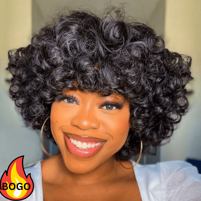 BOGO Sunber Bouncy Rose Curl Short Bob Wig With Bangs Natural Black Human Hair Glueless Wear And Go Wigs