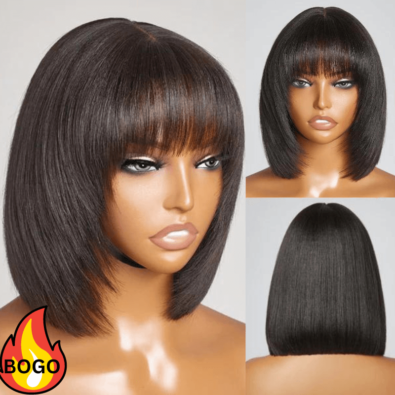 BOGO Sunber Natural Black Bob Wig With Bangs 150% Density Human Hair