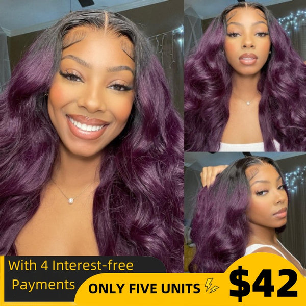 [$42 Pay In 4 Get 26'']Sunber Body Wave Ombre Smokey Deep Purple 13x4 Lace Front Wig With Black Roots Flash Sale