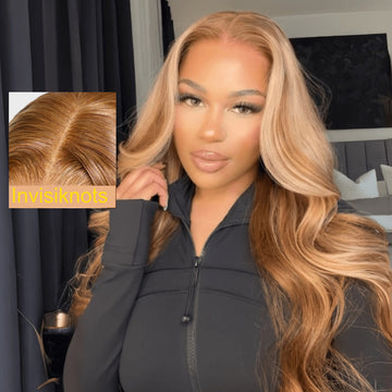 Flash Sale Sunber Body Wave Bye Bye Knots Honey Blonde Glueless Highlights 7*5  Pre-Cut Lace Closure Human Hair Wig