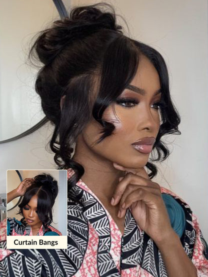 Sunber 13x4 Pre-Everything Pull And Go Drawstring Loose Wave with Face Framing Curtain Bangs Wig Flash Sale