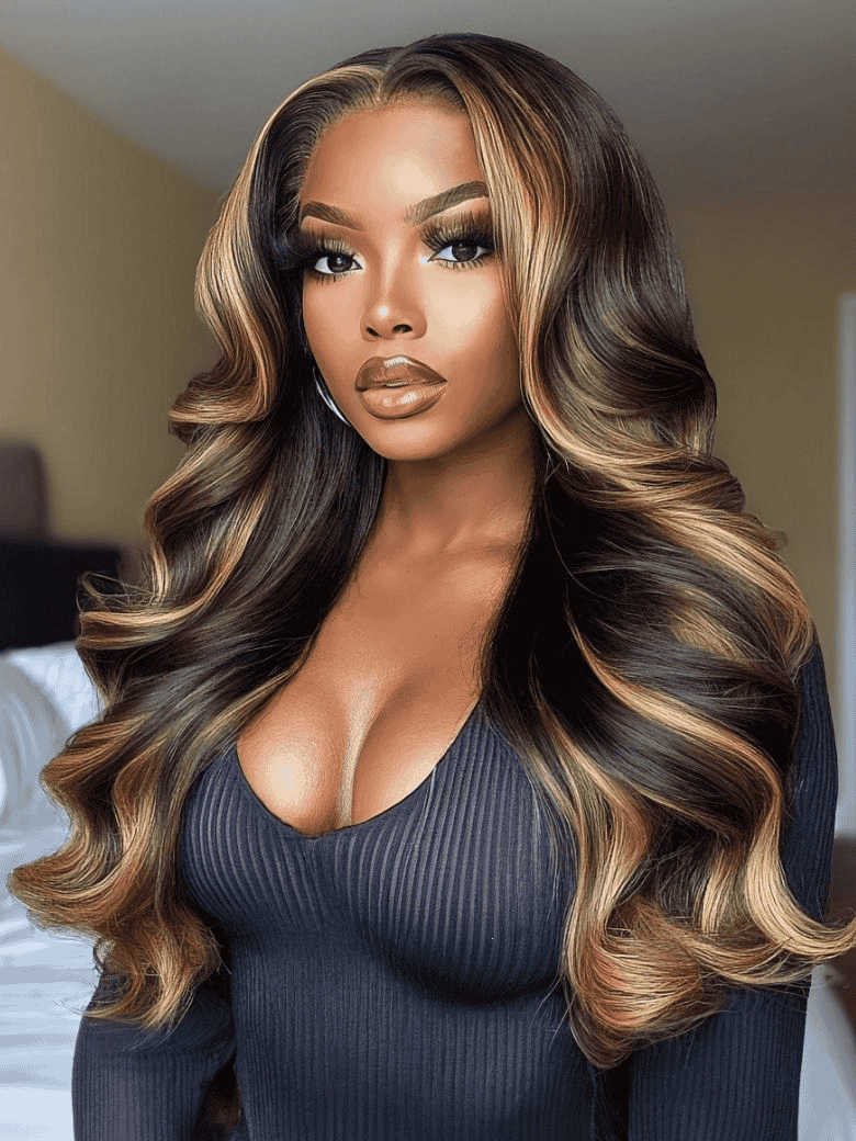 Sunber 7x5 Pre Cut Caramel Honey Brown Highlights Pre-everything Glueless Loose Wave Lace Wig With Bye Bye Knots
