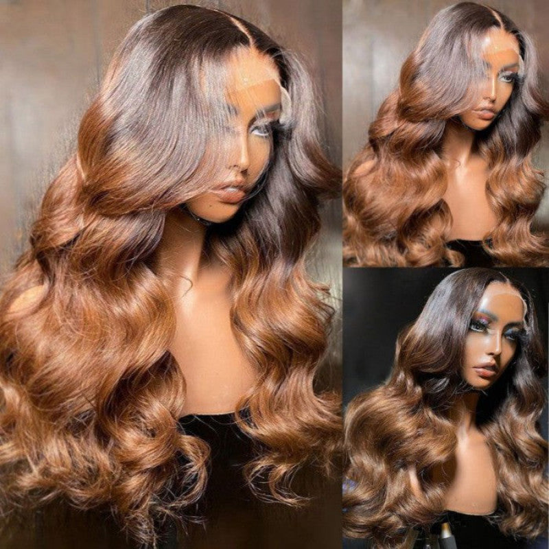 Sunber Toasted Caramel Brown Body Wave 13x4 Lace Front Human Hair Wig With Dark Roots