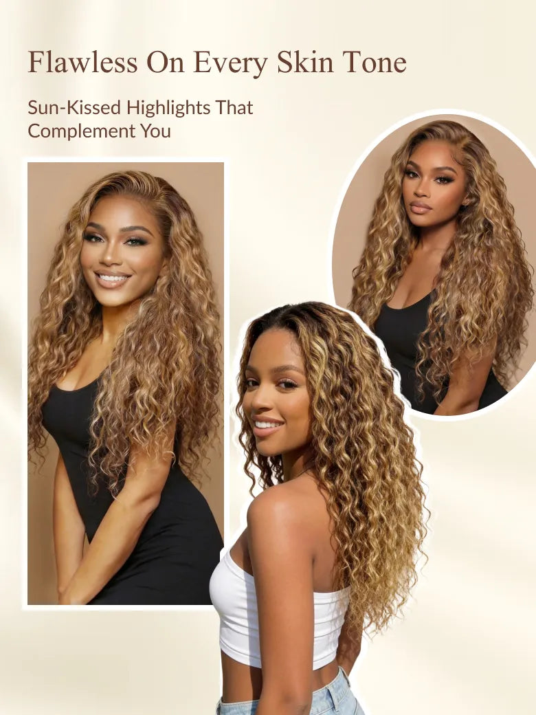Sunber Water Wave Honey Blonde Highlighted 13x4 Pre Everything Lace Frontal Wig With Invisi Drawstring