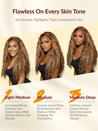 Sunber Water Wave Honey Blonde Highlighted 13x4 Pre Everything Lace Frontal Wig With Invisi Drawstring