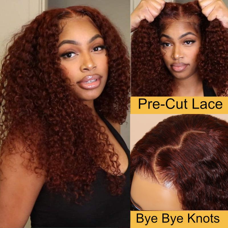 Flash Sale Sunber Reddish Brown Jerry Curly7×5 Pre Cut Glueless Lace Wig Upgrade Bye Bye Knots Human Hair Wigs