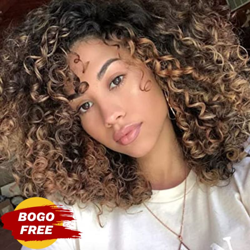 BOGO Sunber Brown Highlights Glueless Curly Bob Wig With Curtain Bangs