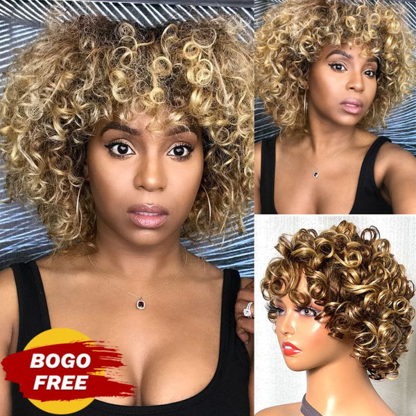 BOGO Sunber Big Curly Fluffy Brown Mixed Blonde Glueless Short Bob Wigs With Bangs