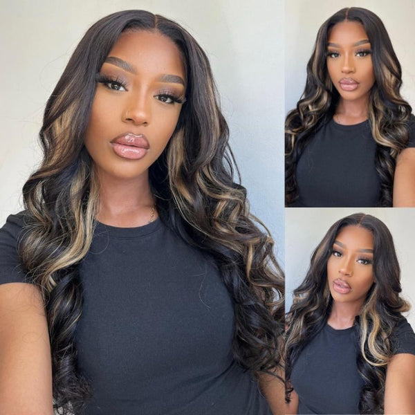 Sunber Chocolate Brown With Peek A Boo Blonde Highlights 7x5 Bye Bye Knots Body Wave Wig