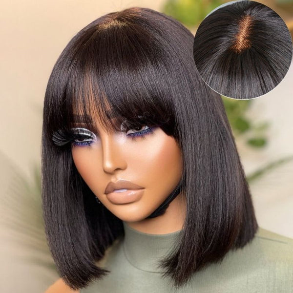 Flash Sale Sunber Natural Black 14 Inch T Part Lace Bob Wig With Bangs 180% Density