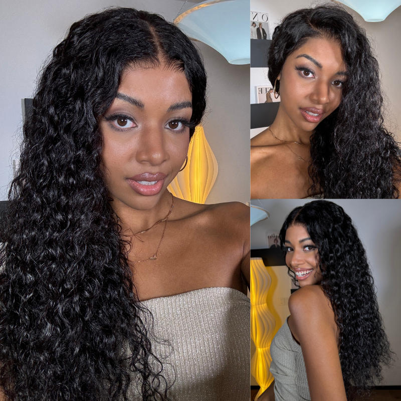 Sunber Hair Water Wave 75 Pre-Cut Lace Glueless Wig Grab And Go Human Hair Wigs Natural Black Color 133$