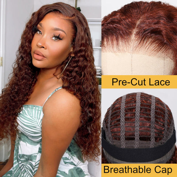 Flash Sale Sunber Water Wave Reddish Brown 6*4.75 Pre-Cut Lace Closure Wig Dark Auburn Copper Color Human Hair Glueless Wig