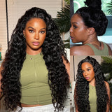 Sunber Water Wave Pre-Cut Lace Glueless Wig Wear Go Human Hair Wigs Natural Black Color