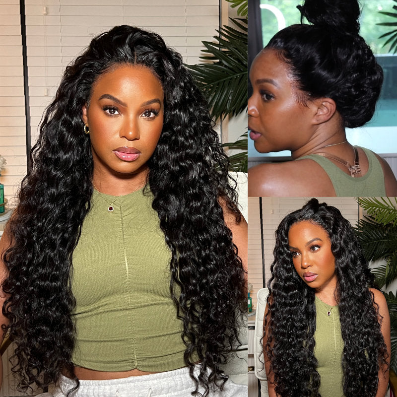 Sunber Water Wave Pre-Cut Lace Glueless Wig Wear Go Human Hair Wigs Natural Black Color