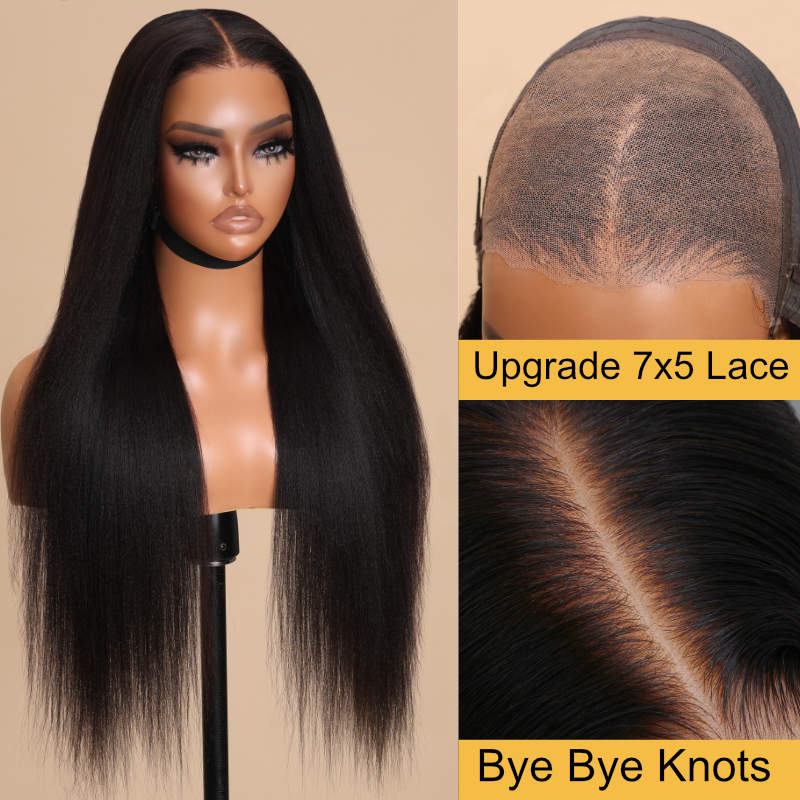 BOGO Sunber Yaki Straight Glueless Pre-cut 7x5 Bye Bye Knots Lace Closure Wig With Bleach Knots