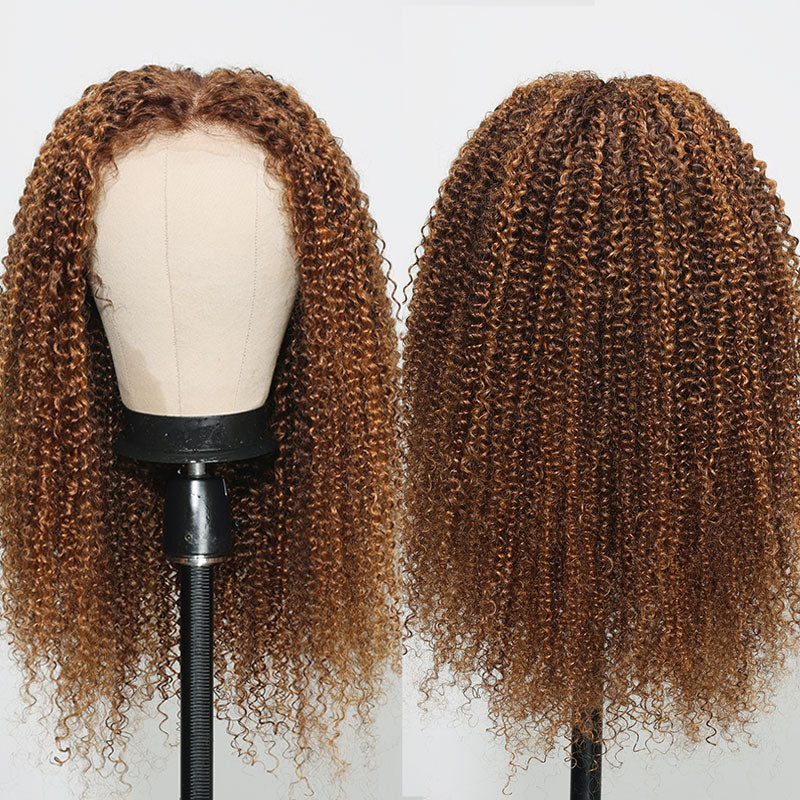 Sunber Ombre Highlight Piano Brown 13x4 Lace Frontal Wigs Balayage Kinky Curly Human Hair