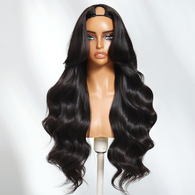 Sunber Hair Fluffy Silk Press Soft Layered Yaki Loose Wave V Part Wig With Flip Out Bang Drawstring Glueless Human Hair Wigs