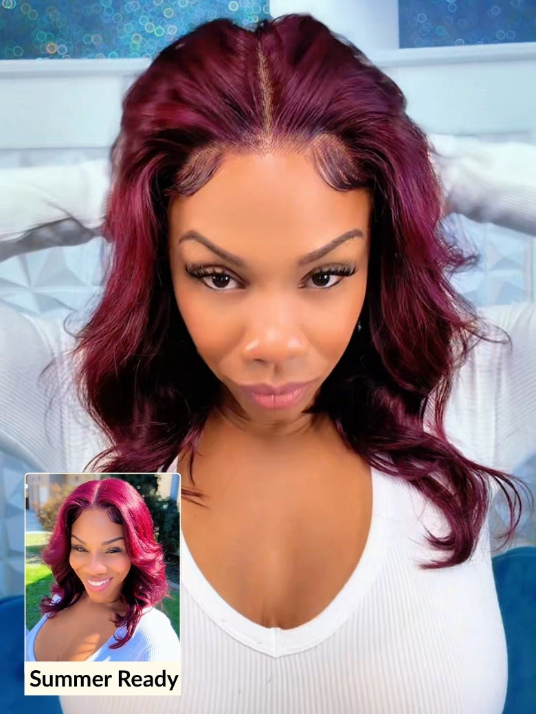 Sunber Purple Black Cherry Wispy Blow Out 7x5 Pre Cut Lace Loose Wave Bob Wig With Invisi Drawstring