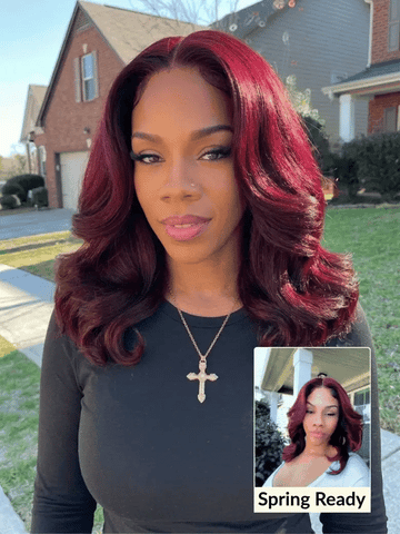 Extra 50% OFF | Sunber Purple Black Cherry Wispy Blow Out 7x5 Pre Cut Lace Loose Wave Bob Wig With Invisi Drawstring