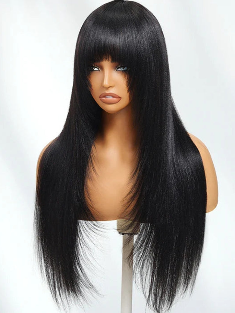 Sunber Yaki Straight Human Hair Glueless Wig with Blunt Cut Bangs Natural Black Color Flash Sale