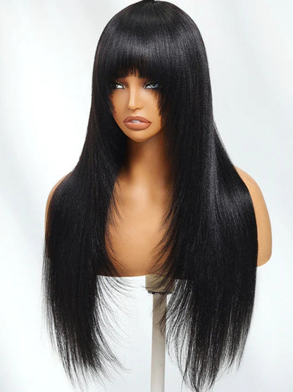 Sunber Yaki Straight Human Hair Glueless Wig with Blunt Cut Bangs Natural Black Color Flash Sale