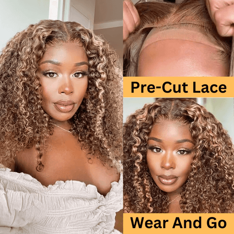 Flash Sale Sunber Honey Blonde Highlight Lace Front Curly  Wigs 100% Human Hair Wig