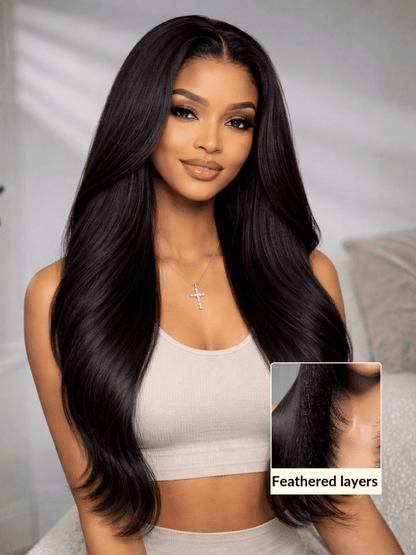 Sunber 200% Density 13x4 Pre Everything Face-framing Feathered Layers Yaki Straight Lace Frontal Wig With Invisi Drawstring