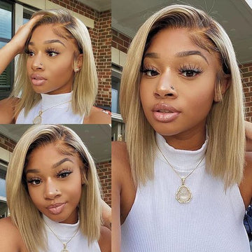 Flash Sale Sunber Salt And Pepper Brown Hair With Blonde Highlights 7*5 Pre Cut Lace Short Straight Bob Wig
