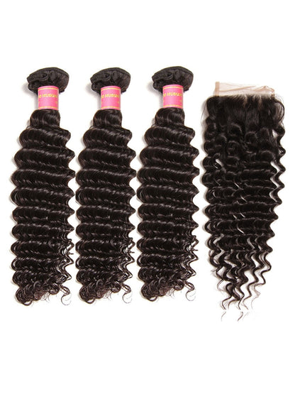 Sunber Hair Brazilian Virgin Deep Wave Hair 3 Bundles With  4"*4" Lace Closure, 100% Human Hair