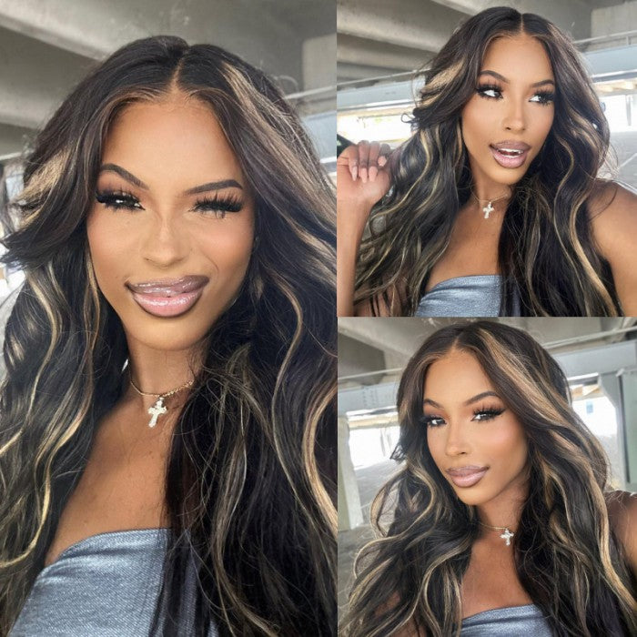 Flash Sale Sunber Chocolate Brown With Peek A Boo Blonde Highlights Lace Front Body Wave Wig