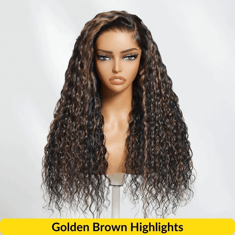 Sunber Golden Brown Highlights 7x5 Bye Bye Knots Water Wave Lace Closure Wig With Pre Bleached Tiny Knots