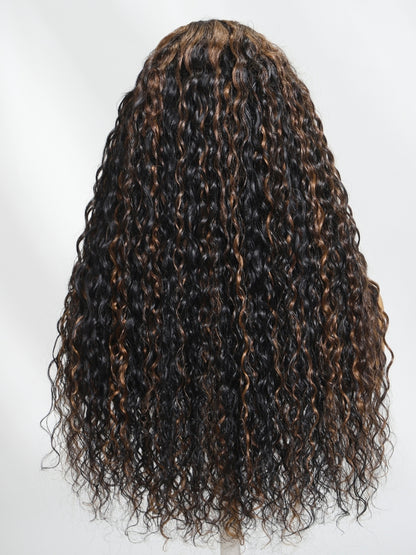 Sunber Golden Brown Highlights 7x5 Bye Bye Knots Water Wave Lace Closure Wig With Pre Bleached Tiny Knots