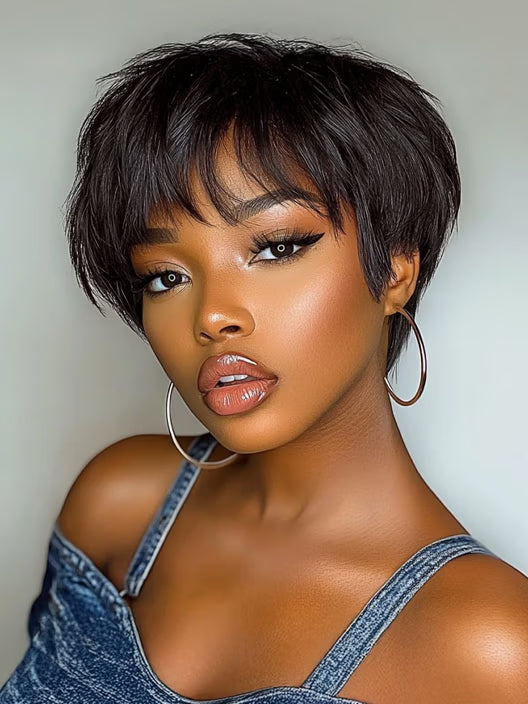 Sunber Short Pixie Cut Human Hair Glueless Wig With Side Bangs Flash Sale