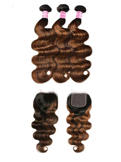 Sunber  Highlight Balayage Color Body Wave 3 Bundles Weaves with 4x4 Lace Closure Virgin Human Hair