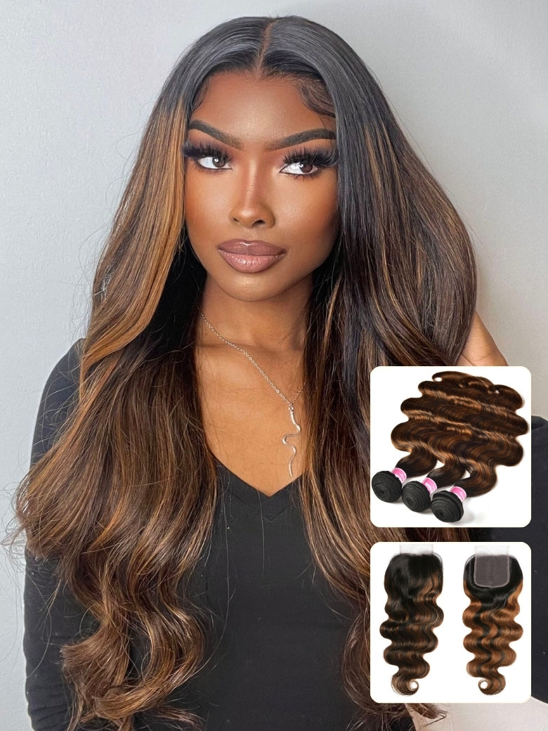 Sunber  Highlight Balayage Color Body Wave 3 Bundles Weaves with 4x4 Lace Closure Virgin Human Hair