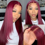 Flash Sale Sunber 99J Long Straight Lace Part Wig 180% denisty Red Human Hair Wigs