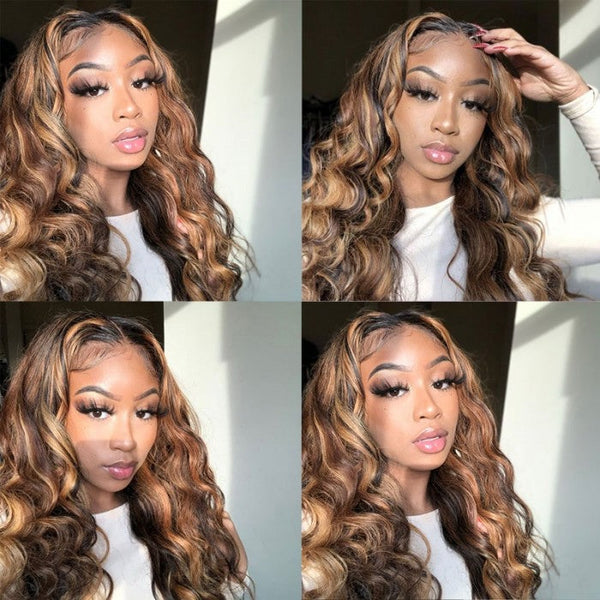 Sunber Ombre Blonde Highlight Brown 13x4 Pre Everything Body Wave Wig Lace Front Human Hair Wigs