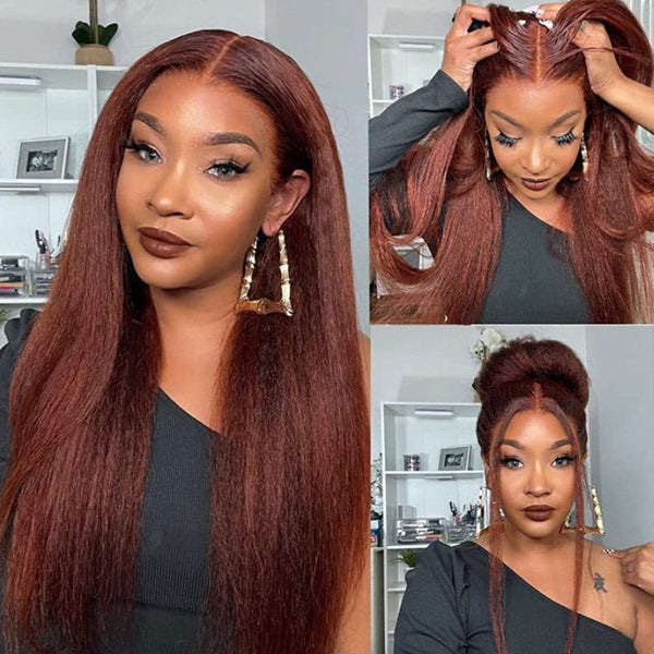 2Wigs=$109|Reddish Brown Kinky Straight Lace Front Wig And Afro Curly Short Bob Wig Flash Sale