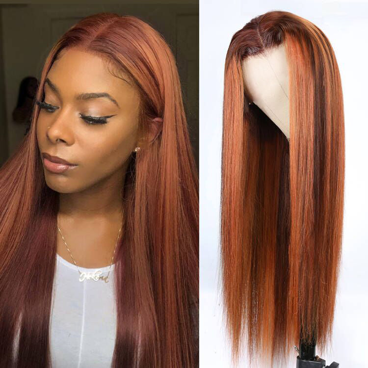 Sunber Straight Ginger Copper Red Highlight 13x4 Pre Everything Lace Front Wigs With Pre Plucked