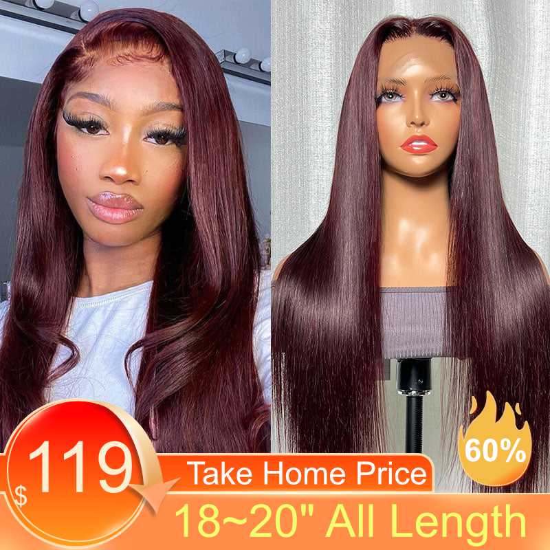 Flash Sale Sunber Straight Dark Purple Plum 13x4 Lace Front Wigs With 150% Density Human Hair