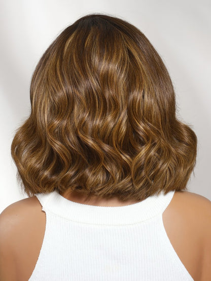 Sunber 13x4 Pre Everything Brown Highlights with Dark Root Body Wave Lace Frontal Wig With Layers Shoulder Flip-Out Curls