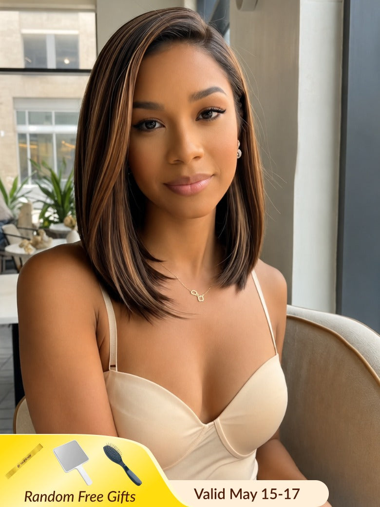 Sunber 7x5 Pre Cut Golden Brown Highlights Yaki Straight Lace Closure Wig With Invisi Drawstring
