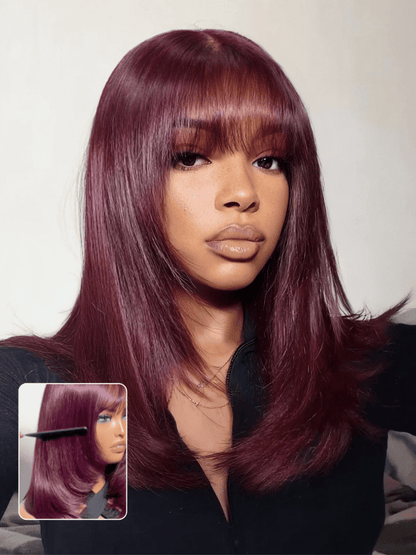 Sunber Purple Black Cherry Wispy Blow Out 7x5 Pre Cut Lace Loose Wave Bob Wig With Invisi Drawstring