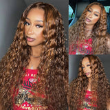 Sunber Piano Brown Highlight Big Curly 13*4 Lace Frontal Wigs Balayage Water Wave Human Hair