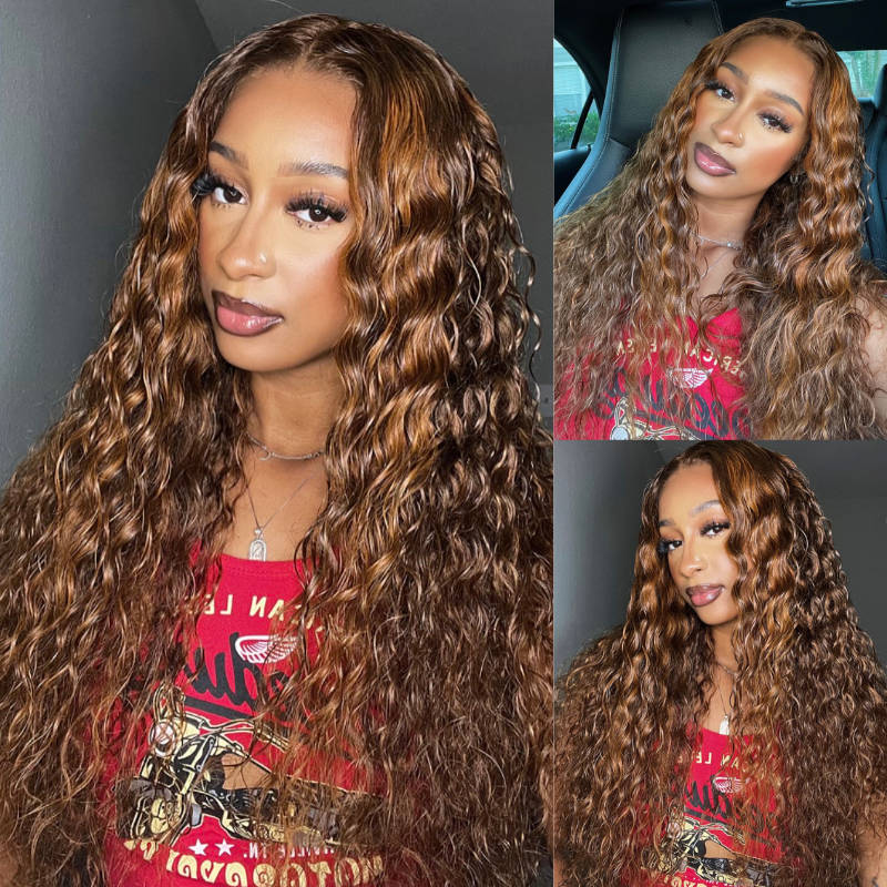 Flash Sale Sunber Piano Brown Highlight Big Curly Lace Frontal Wigs Water Wave Human Hair